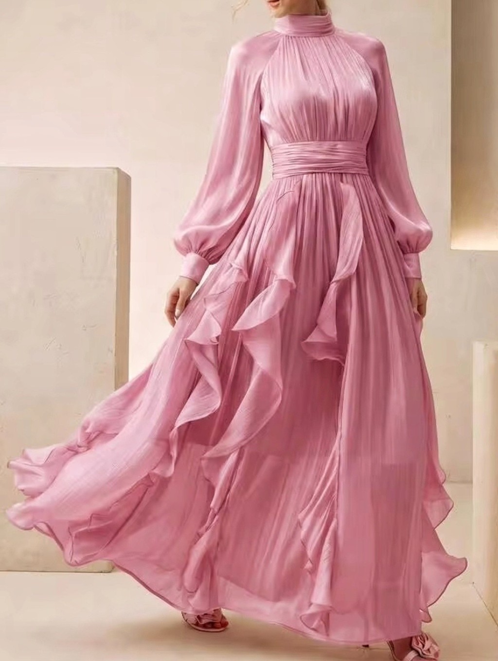 New Luxe Metallic Crinkle Halter Ruffle Maxi Dress Long Sleeve Pink